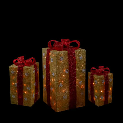 18 In. Christmas Outdoor Decorations Lighted Tall Gold Sisal Gift Boxes (3-Pack)
