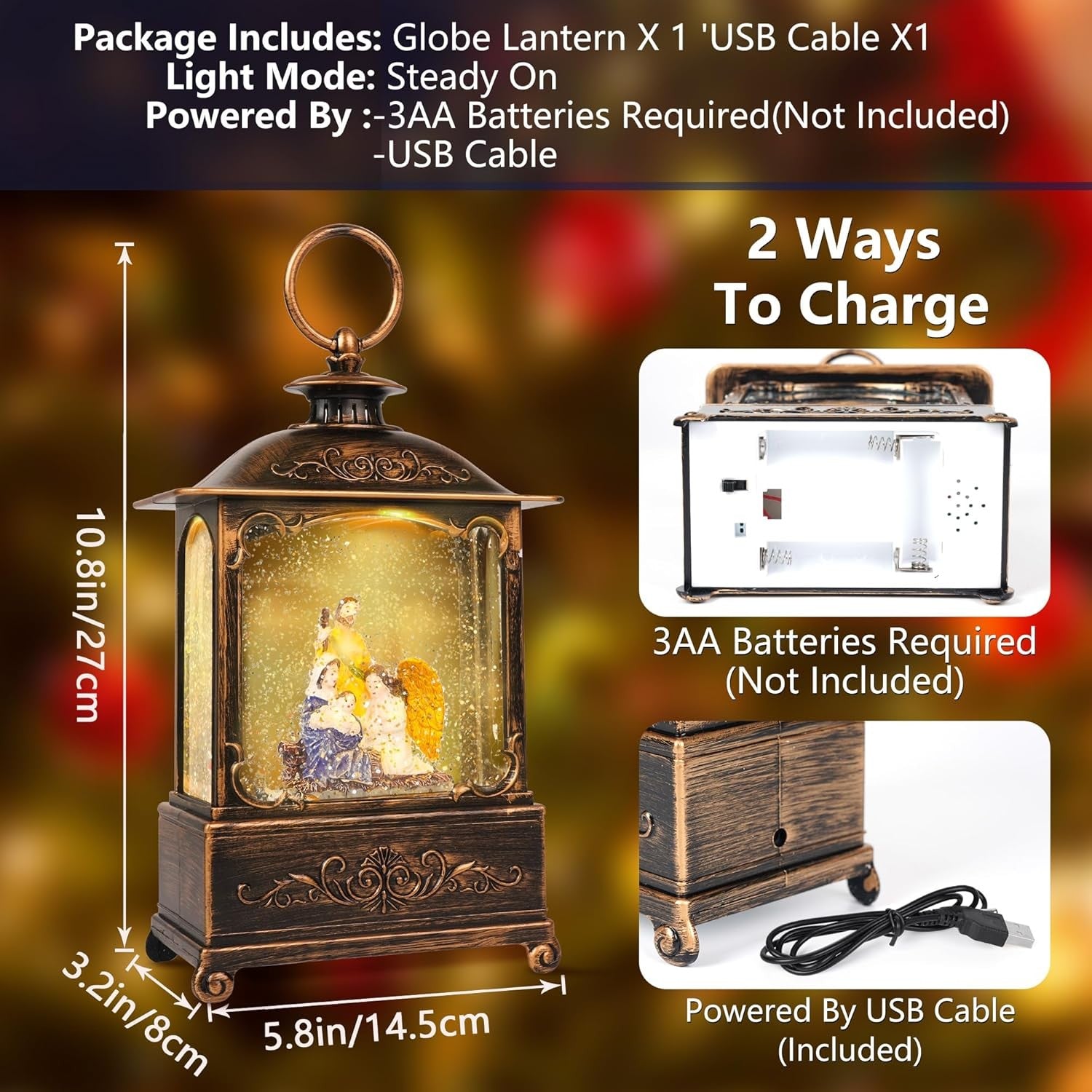 10.8'' Christmas Snow Globe Lantern Snowman with Holiday Tree Musical Jesus