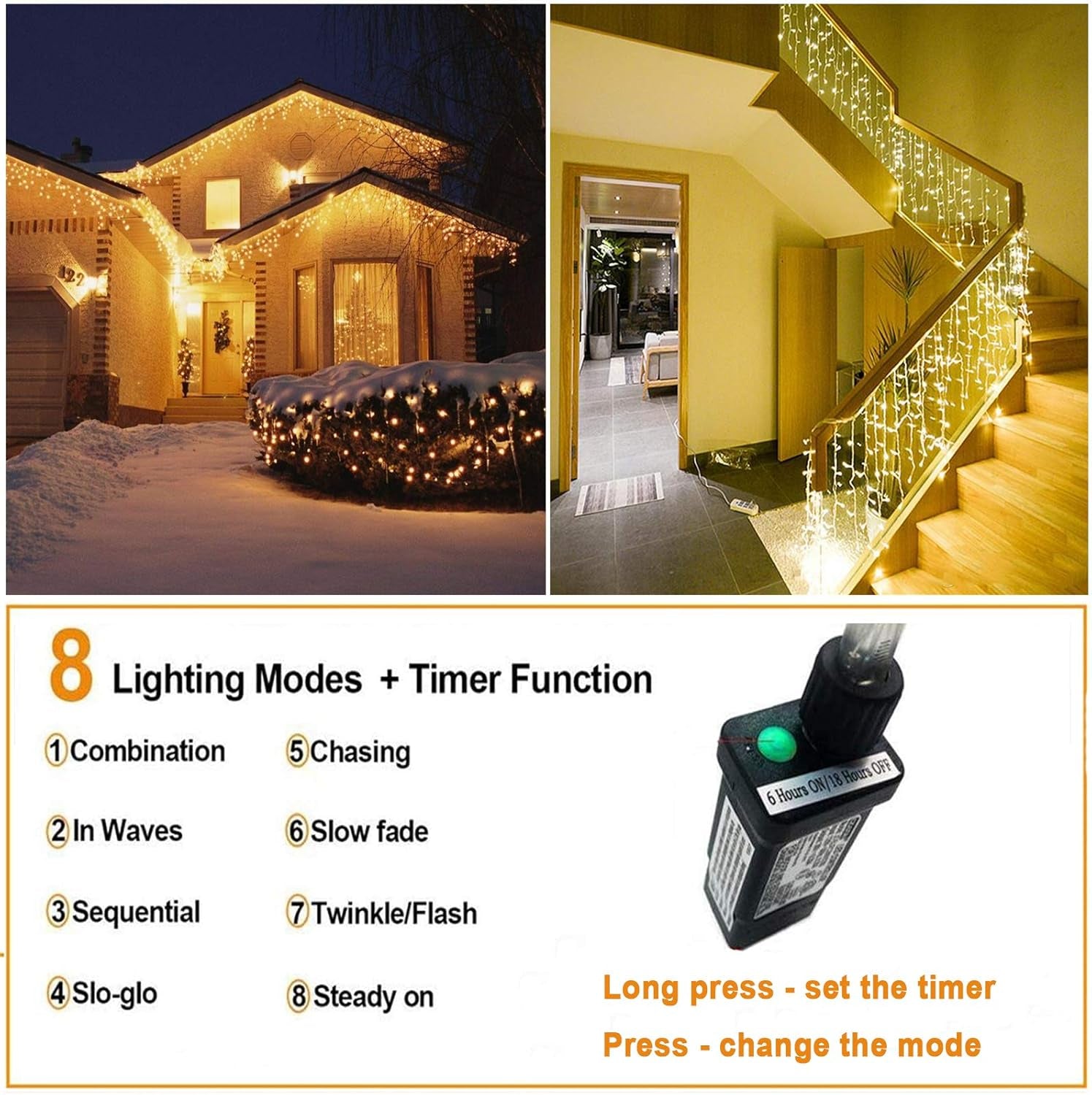 LED Icicle Lights Outdoor 32.8FT, Warm White 400 LED Icicle Waterproof Christmas Decorations String Lights with Timer Remote, 8 Modes Connectable Eave Curtain Fairy Light for Xmas, Thanksgiving, Party