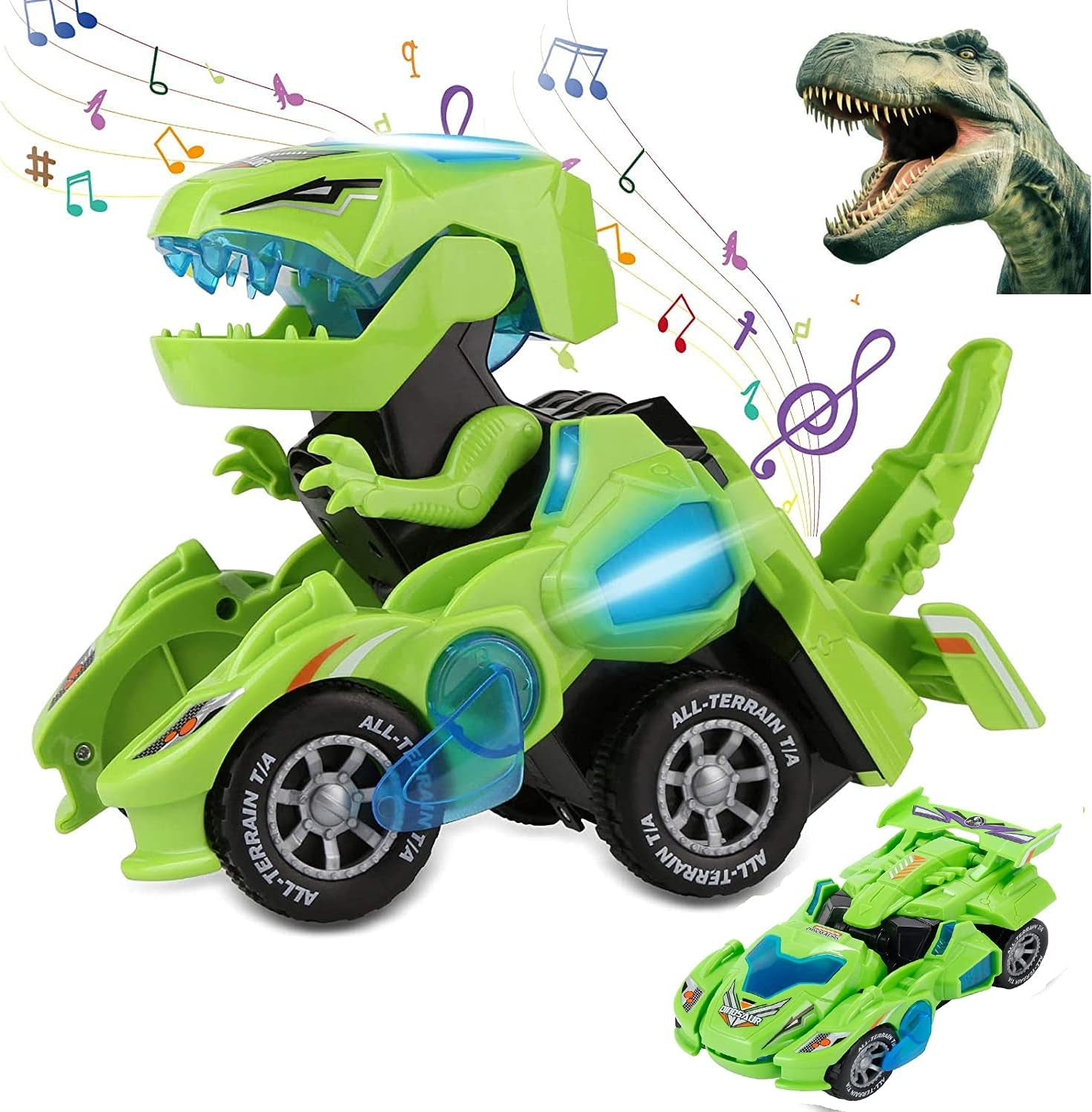 LED Car Dinosaur Transforming Toys- 2 in 1 Automatic Dinosaur Dino Transformer Toy Car Lamps for Kids,Toddlers ( Ages 3-12, Green)