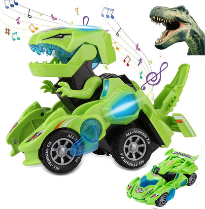 LED Car Dinosaur Transforming Toys- 2 in 1 Automatic Dinosaur Dino Transformer Toy Car Lamps for Kids,Toddlers ( Ages 3-12, Green)