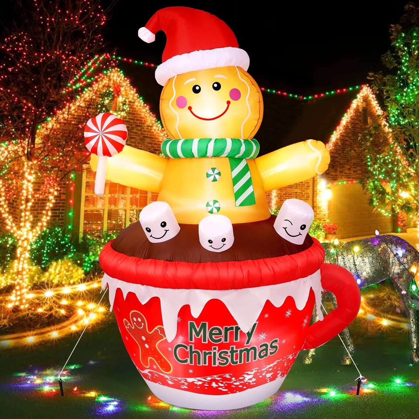 7FT Inflatables Christmas Outdoor Decoration Cup Gingerbread Man with LED, Outdoor Christmas Decoration