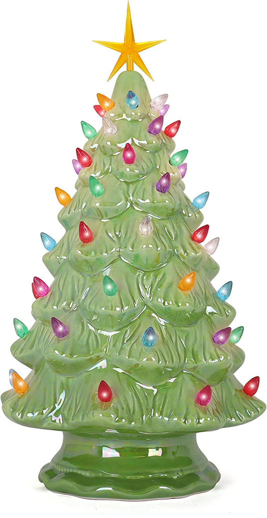 15.5 Inch Ceramic Christmas Tree with Lights - Tabletop Lighted Vintage Style Decor