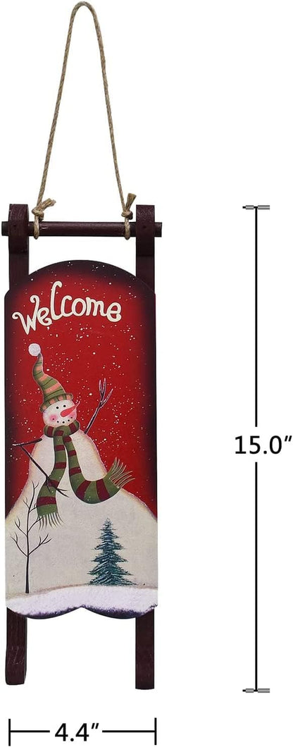 Christmas Sled Decoration Wooden Snowman Welcome Sign Xmas Sleigh Wall Decor Outdoor Hanging Santa Sleigh Rustic Christmas Porch Decor Snowman Wooden Decor Winter Festive Holiday (B)