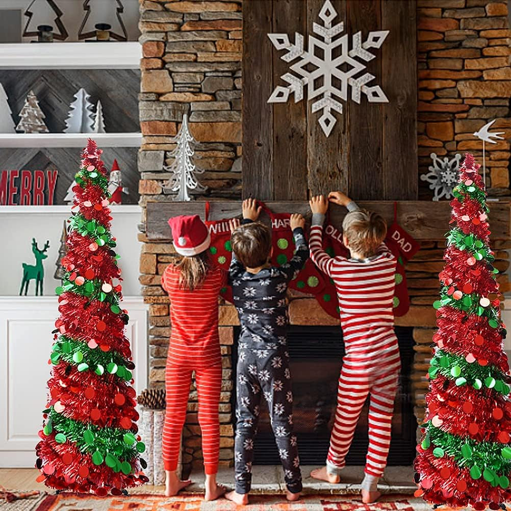 5 Foot Collapsible Pop up Sequin Artificial Pencil Christmas Tree Tinsel Slim Halloween Xmas Tree Tall Skinny Tree with Plastic Stand, Decorations for Home Fireplace Party Indoor Outdoor (Green& Red)