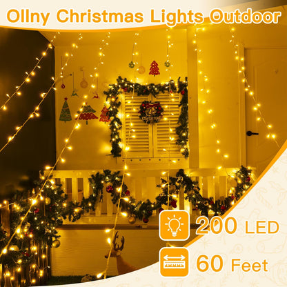 Christmas Lights 200LED 60FT Indoor, Warm White Connectable Plug in String Light Outdoor, 8 Modes Waterproof Timer LED Fairy Lights for House outside Bedroom Patio Balcony