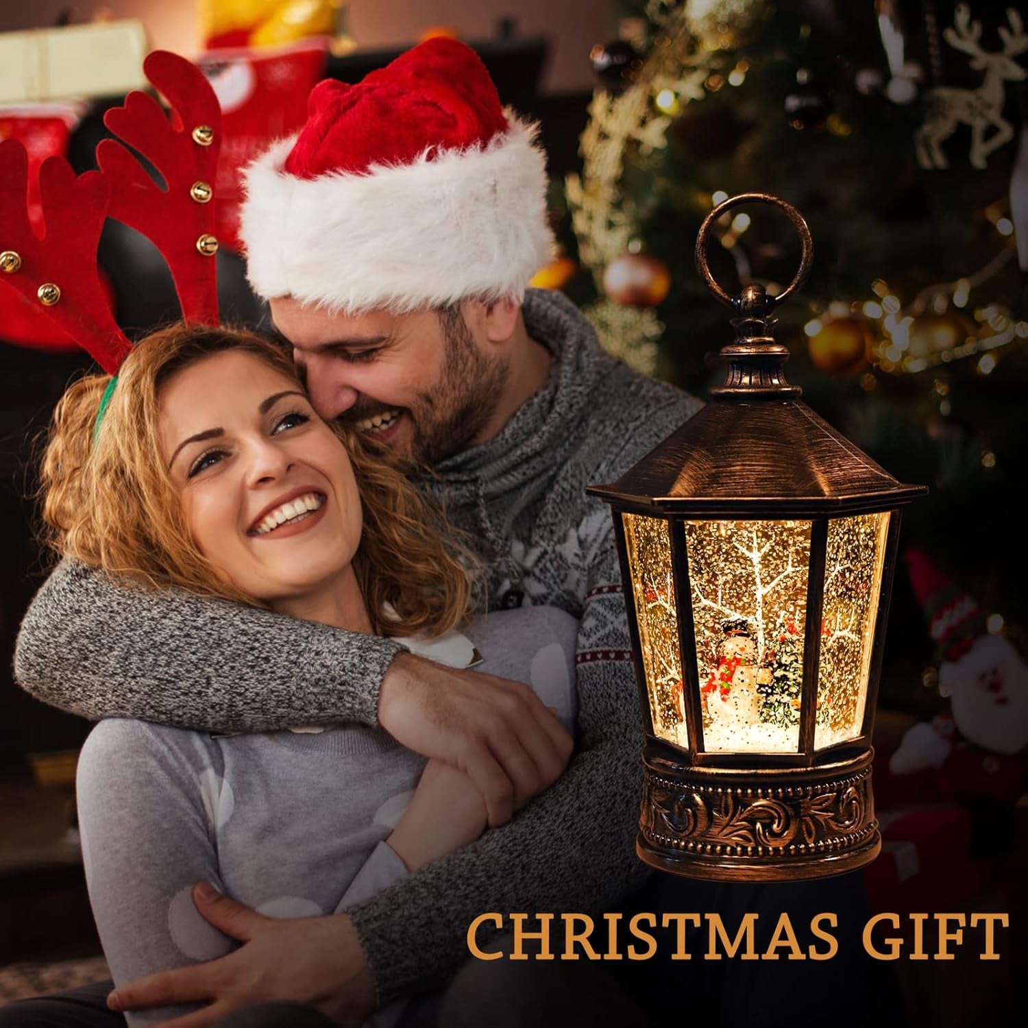 Christmas Snow Globe Lantern-Water Lantern with Music and Christmas Snowman-Usb or Battery-Powered Christmas Lanterns, Rotating Flashing Lanterns, Christma Decorations（Snowman）