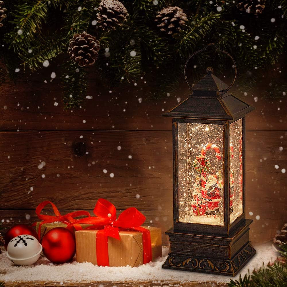 Christmas Musical Snow Globe Lantern, 12 Inch Spinning Glittering Lantern with 6 Hours Timer, USB Powered & Battery Operated for Christmas Decorations (Santa Claus and Candy Cane)