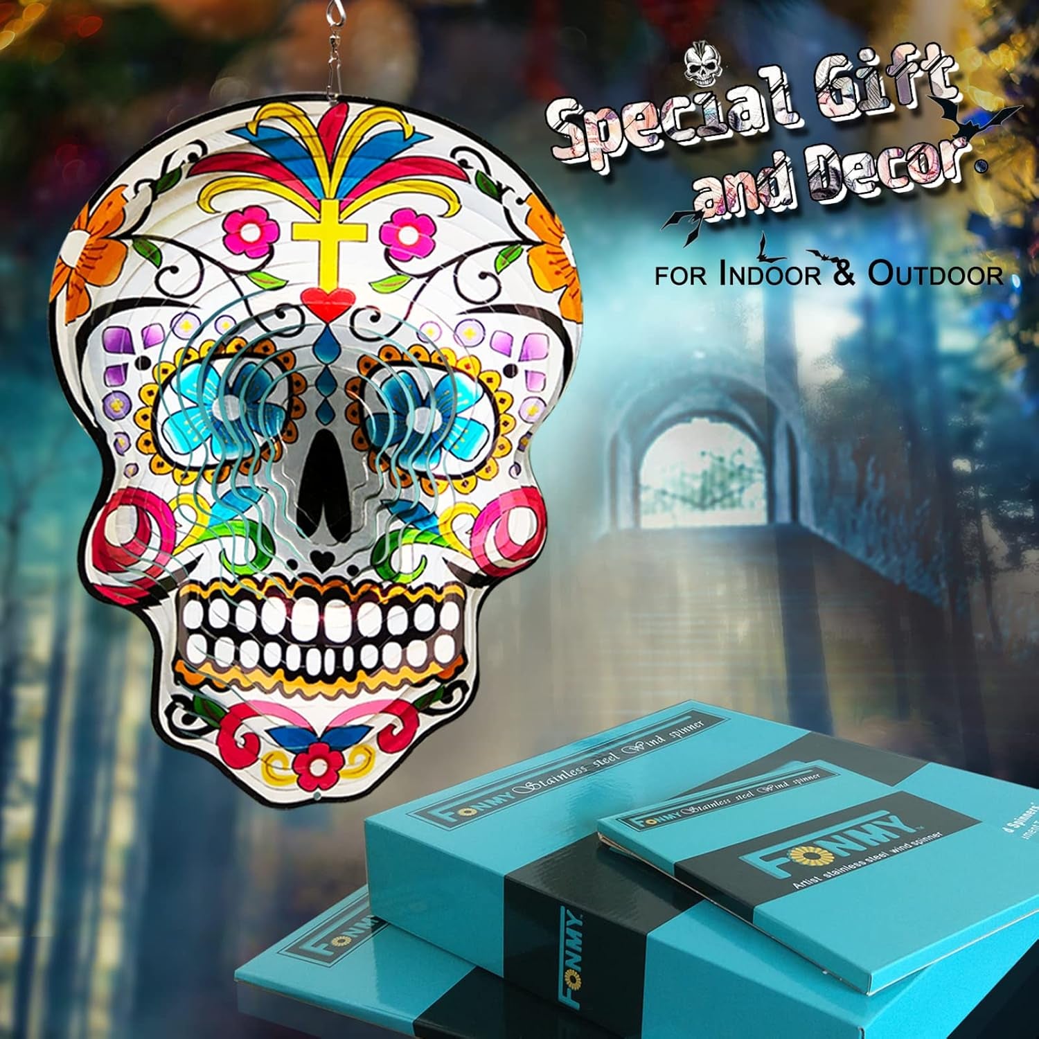 Kinetic 3D Metal Garden Wind Spinner Unique Gifts Outdoor Decorations Quality Hanging Ornament for Home and Garden 12Inch Mandala Silver Sugar Skull Wind Spinners