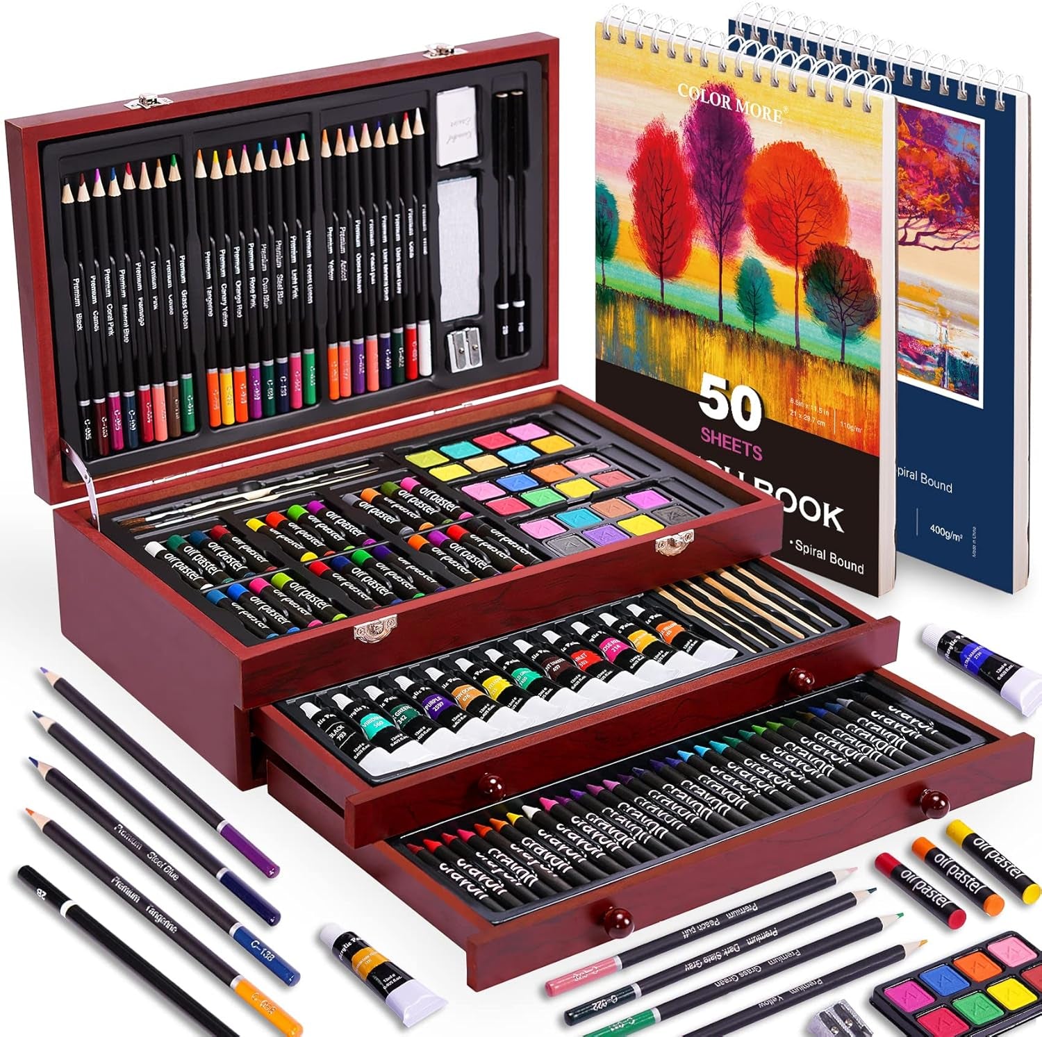 175 Piece Deluxe Art Set with 2 Drawing Pads, Acrylic Paints, Crayons, Colored Pencils, Paint Set in Wooden Case, Professional Art Kit Supplies for Adults, Teens and Artist, Woodmuse Plus