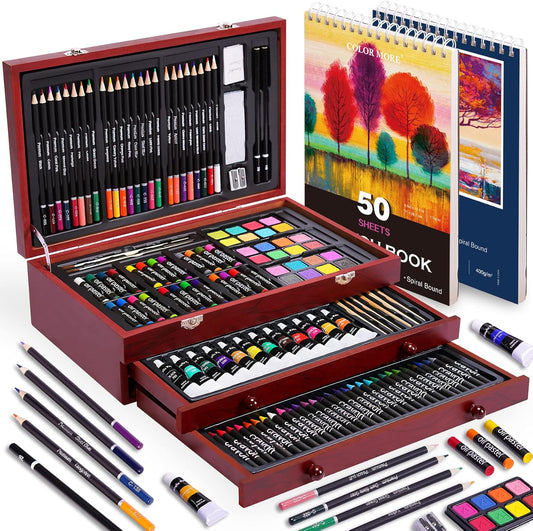 175 Piece Deluxe Art Set with 2 Drawing Pads, Acrylic Paints, Crayons, Colored Pencils, Paint Set in Wooden Case, Professional Art Kit Supplies for Adults, Teens and Artist, Woodmuse Plus