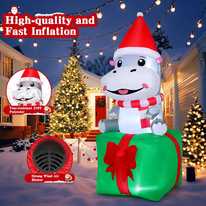 Christmas Inflatables 6.8 FT Christmas Hippo Inflatables with Built-In Leds, Smiling Hippo Blow up Sitting on Gift Box, Outdoor Christmas Decorations for Xmas Holiday Party Indoor Outdoor
