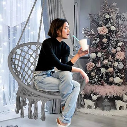 ‌Nordic Style Hanging Basket- Handmade Cotton Rope Swing Chair, Balcony Relaxation Cradle- Boho Indoor Fringe Hanging Chair