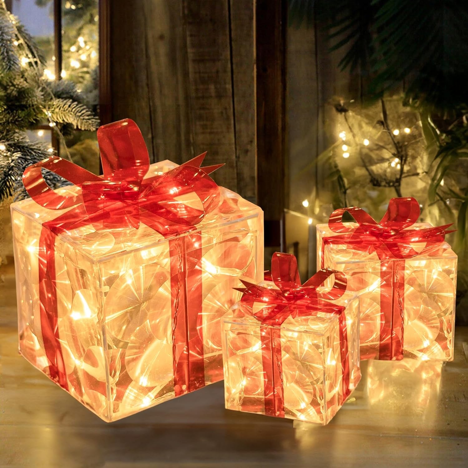 Set of 3 Christmas Lighted Gift Boxes, Pre-Lit 60 LED Light up Present Boxes Ornament Decorations with Ribbons for Indoor Outdoor Xmas Tree Home Yard Lawn Decor, Warm White