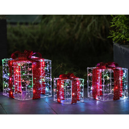 Lighted Christmas Holiday Presents Decoration with Remote (Set of 3) - Red - 12.6" H X 9.84" W X 9.84" D