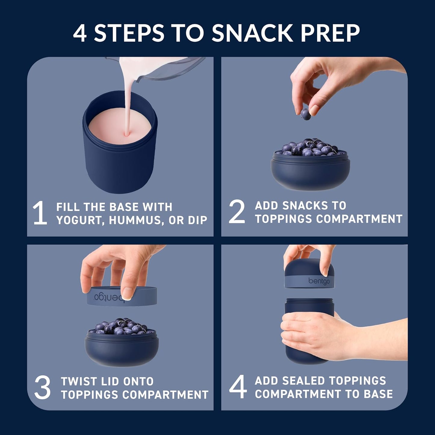 Snack Cup - Reusable Snack Container with Leak-Proof Design, Toppings Compartment, and Dual-Sealing Lid, Portable & Lightweight for Work, Travel, Gym - Dishwasher Safe (Navy)