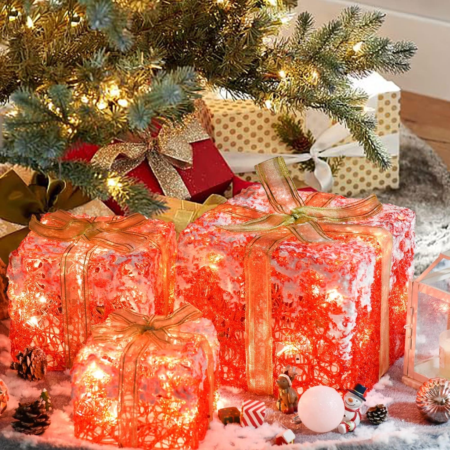 Set of 3 LED Gift Boxes Christmas Boxes with Bows, Xmas Present Gift Boxes for Indoor Outdoor Use Christmas Yard Room Tree Decoration