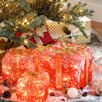 Set of 3 LED Gift Boxes Christmas Boxes with Bows, Xmas Present Gift Boxes for Indoor Outdoor Use Christmas Yard Room Tree Decoration
