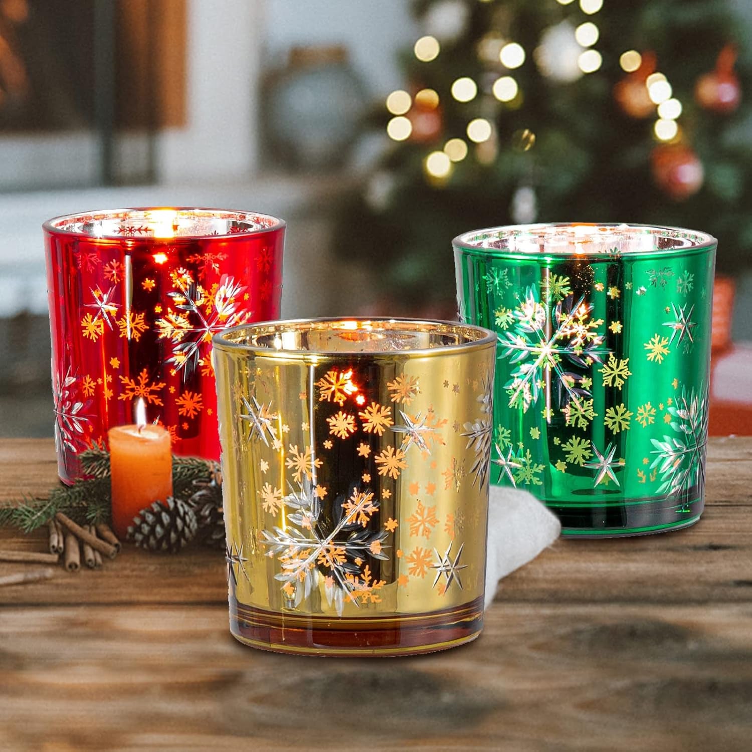 Christmas Candle Holder,Mercury Glass Tealight Votives Set of 6,Christmas Decorations Indoor,Snowflake Carving Tea Lights Centerpieces Table Decor