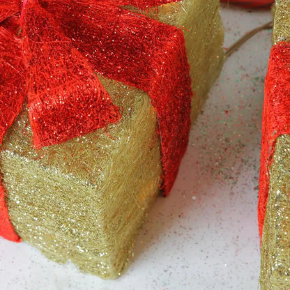 10 In. Christmas Outdoor Decorations Lighted Sparkling Gold Sisal Gift Boxes (3-Pack)