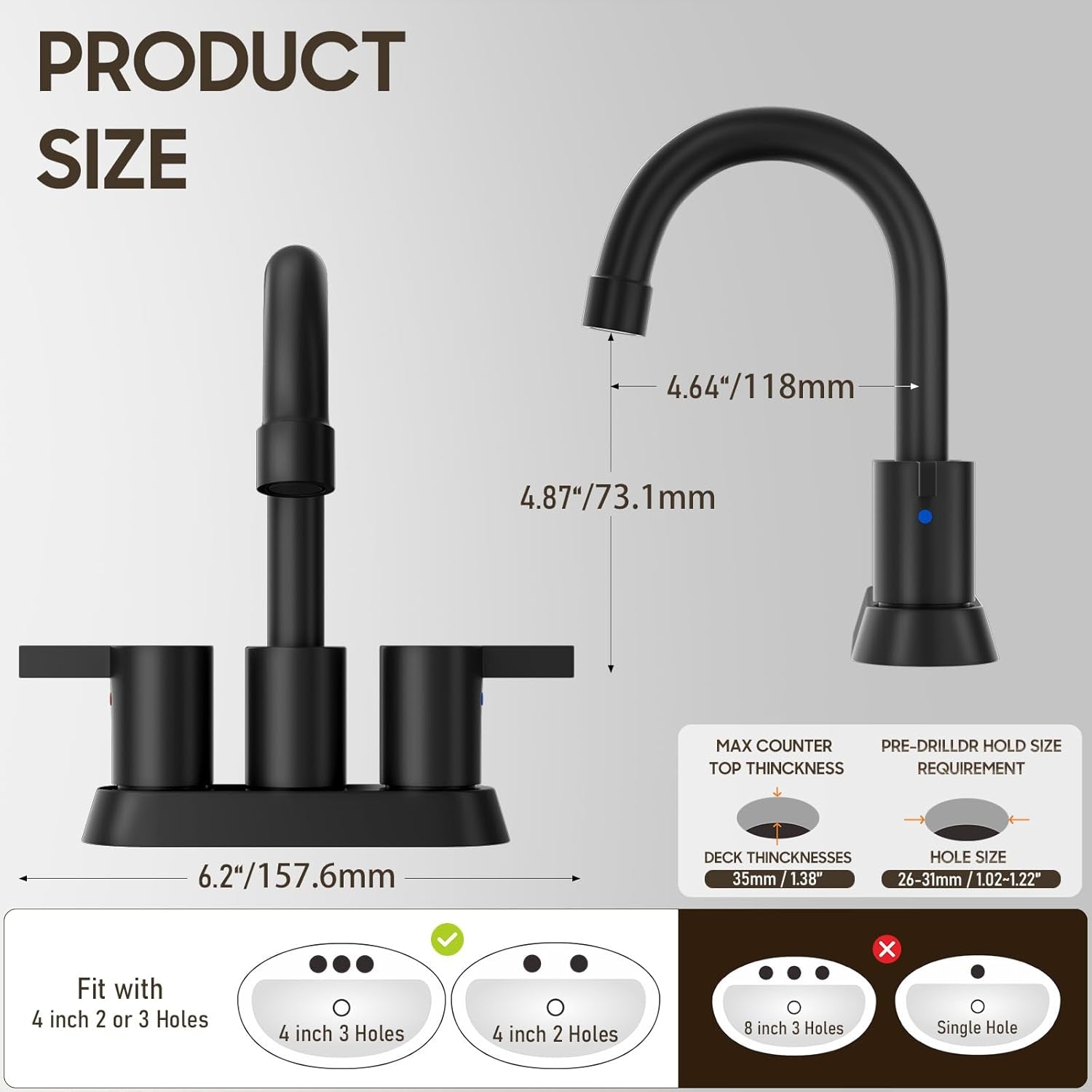 4-Inch Matte Black Lead-Free Modern Bathroom Faucet with 360-Degree Swivel Spout, Two Handles, Pop-Up Drain, and Water Supply Lines for 2-3 Hole RV Bathroom Vanity Sink, Model BF015-1-MB