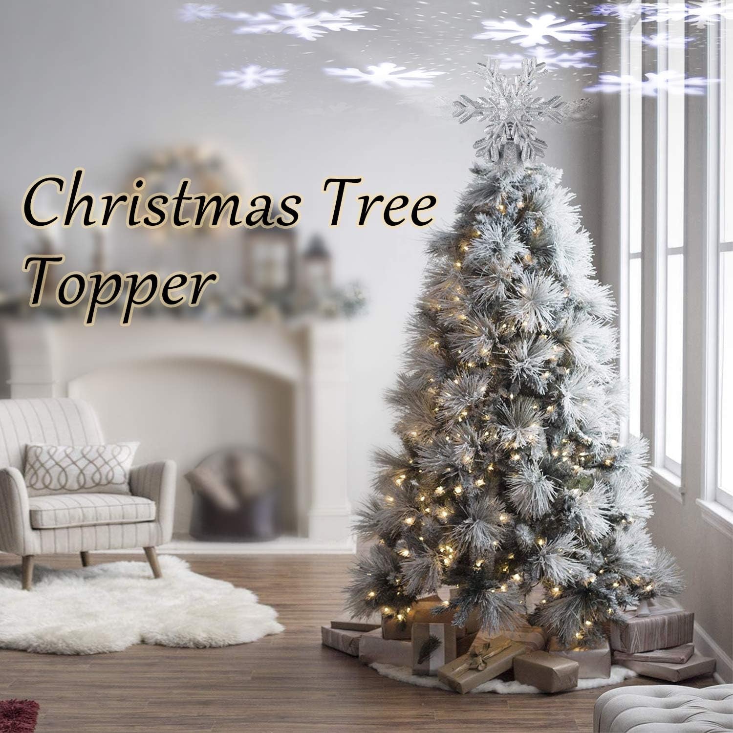 Christmas Tree Topper,  Star Tree Topper Lighted Indoor with Rotating 3D Silver Snowflake LED Projector Hollow Glitter Lighted for Xmas Tree Christmas Decorations Holiday