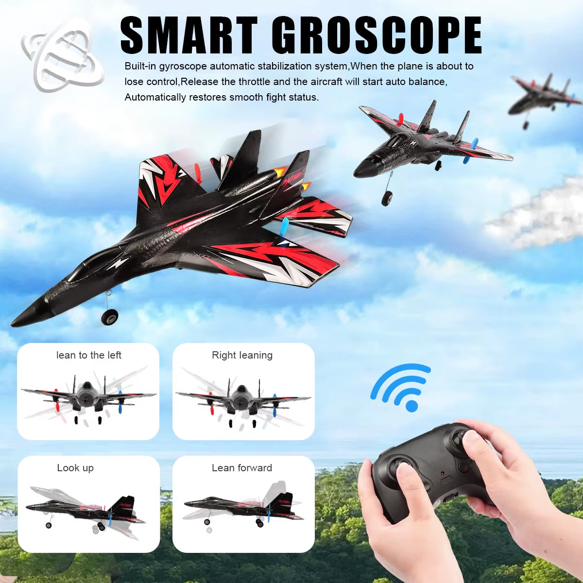 SU27 RC Plane 2.4G 2CH Remote Control Flying Glider with LED Lights- EPP Foam Airplane Toys for Children Gifts