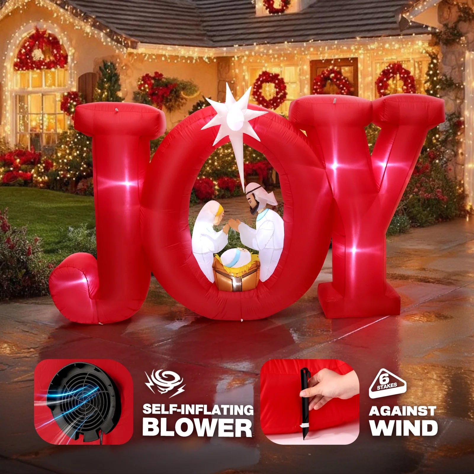 8FT Inflatables Christmas Outdoor Decoration, Joy Christmas Nativity Decoration with LED, Christmas Blow up Yard Decorations- Red/White