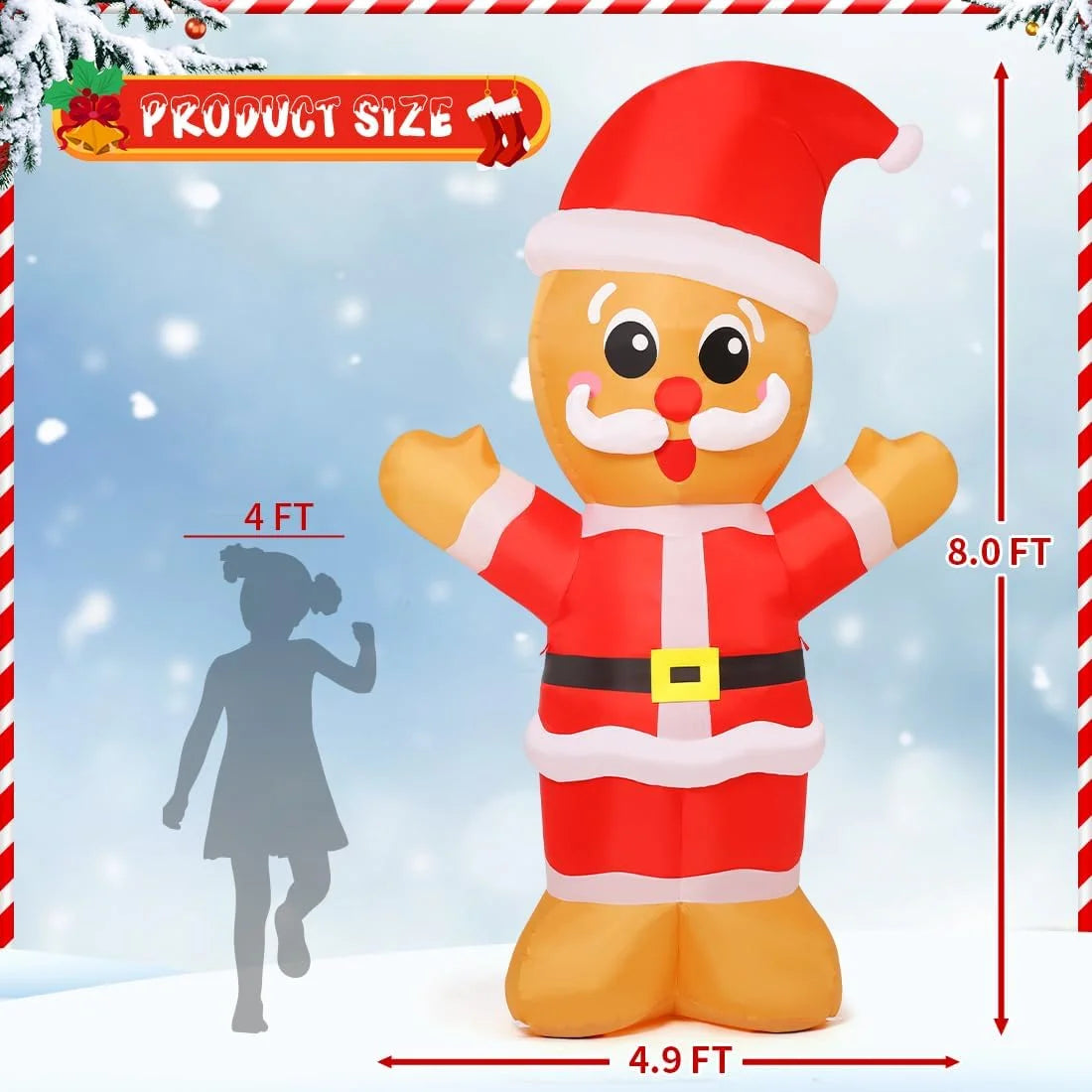 Christmas Inflatable 8 FT Inflatable Gingerbread Man Wearing Christmas Hat, Outdoor Gingerbread Man Decorations with Built-In Leds, Xmas Decorations Clearance for Holiday/Christmas/Party