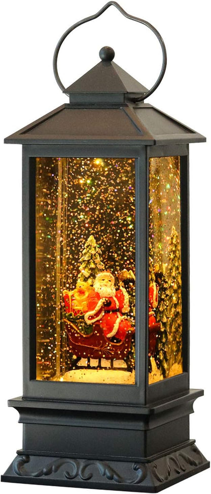 Lighted Musical Snow Globe Lantern with 6 Hour Timer, 12 Inches USB Powered & Battery Operated Spinning Water and Swirling Glitter Christmas Snow Globe Lantern Gifts(Santa Claus and Sleigh)