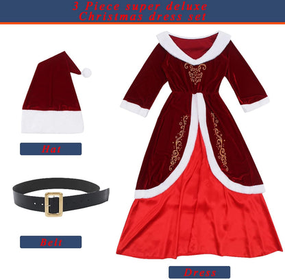 9 Pieces Mens Santa Claus Costume Christmas Luxury Santa Suit/Womens Retro Santa Dress Xmas Party Costumes