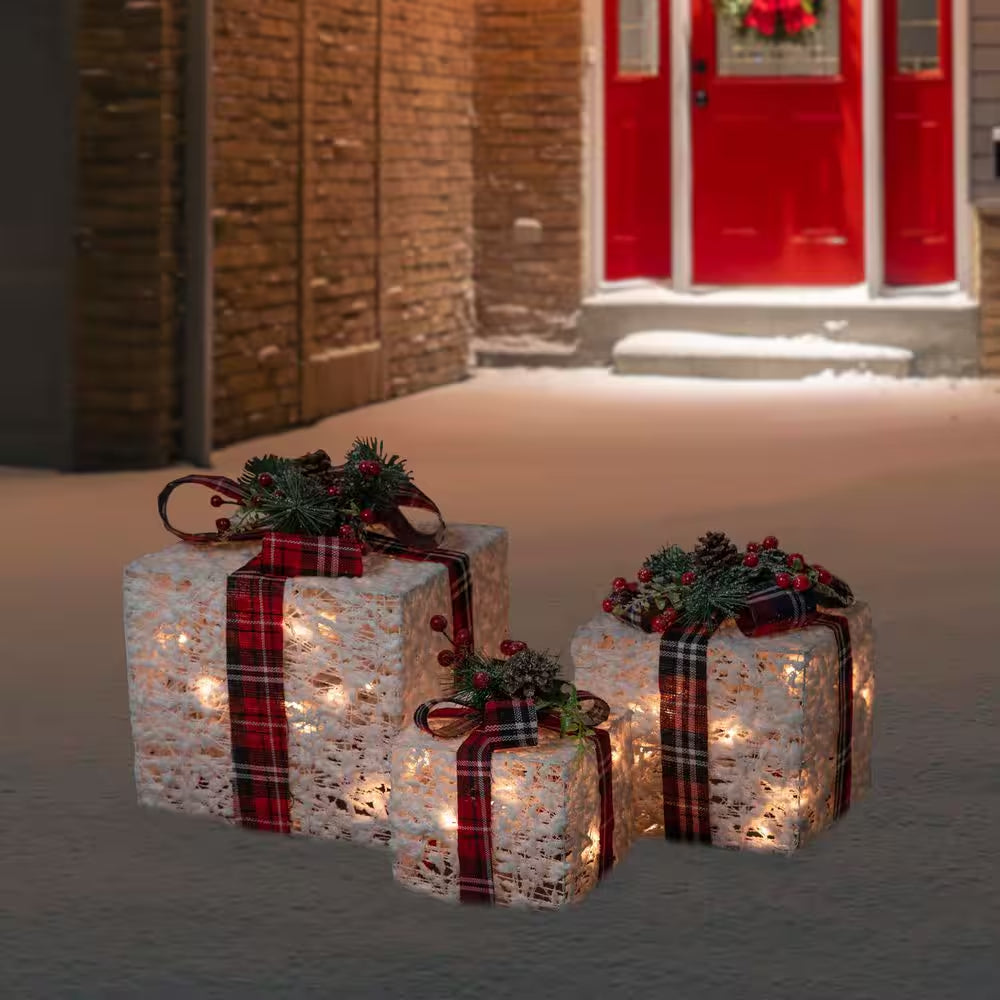 Lighted Textured and Plaid Gift Boxes Outdoor Decorations-Warm White-Set of 3