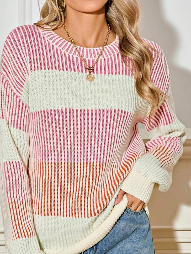 Cotton Color Block Lantern Rib Knitted Sweater