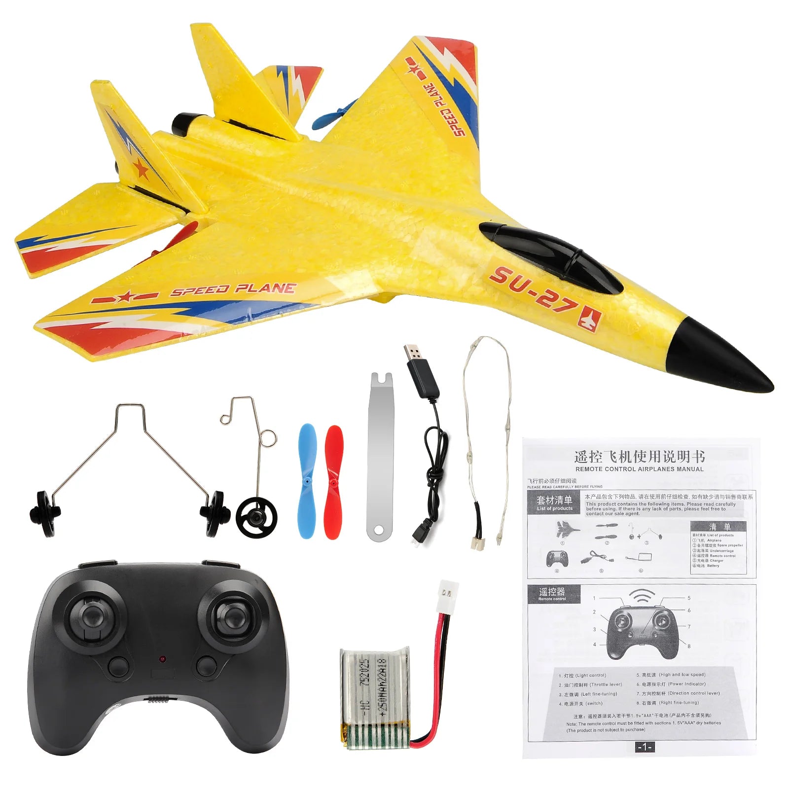 SU27 RC Plane 2.4G 2CH Remote Control Flying Glider with LED Lights- EPP Foam Airplane Toys for Children Gifts