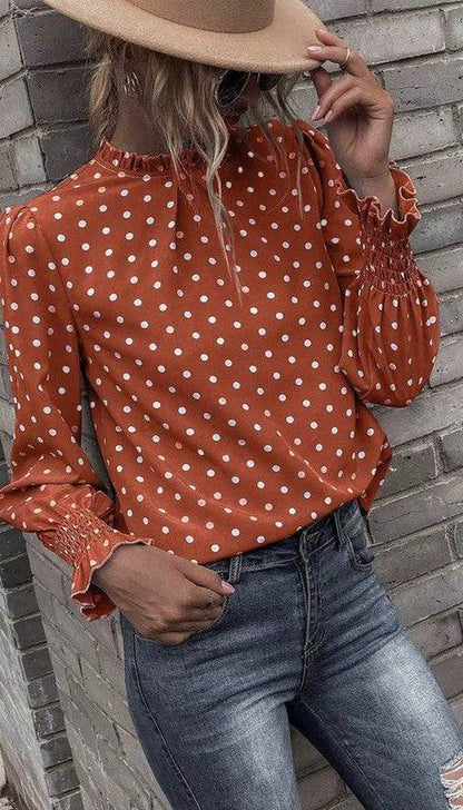 Polka Dot Print Lantern Sleeve Blouse