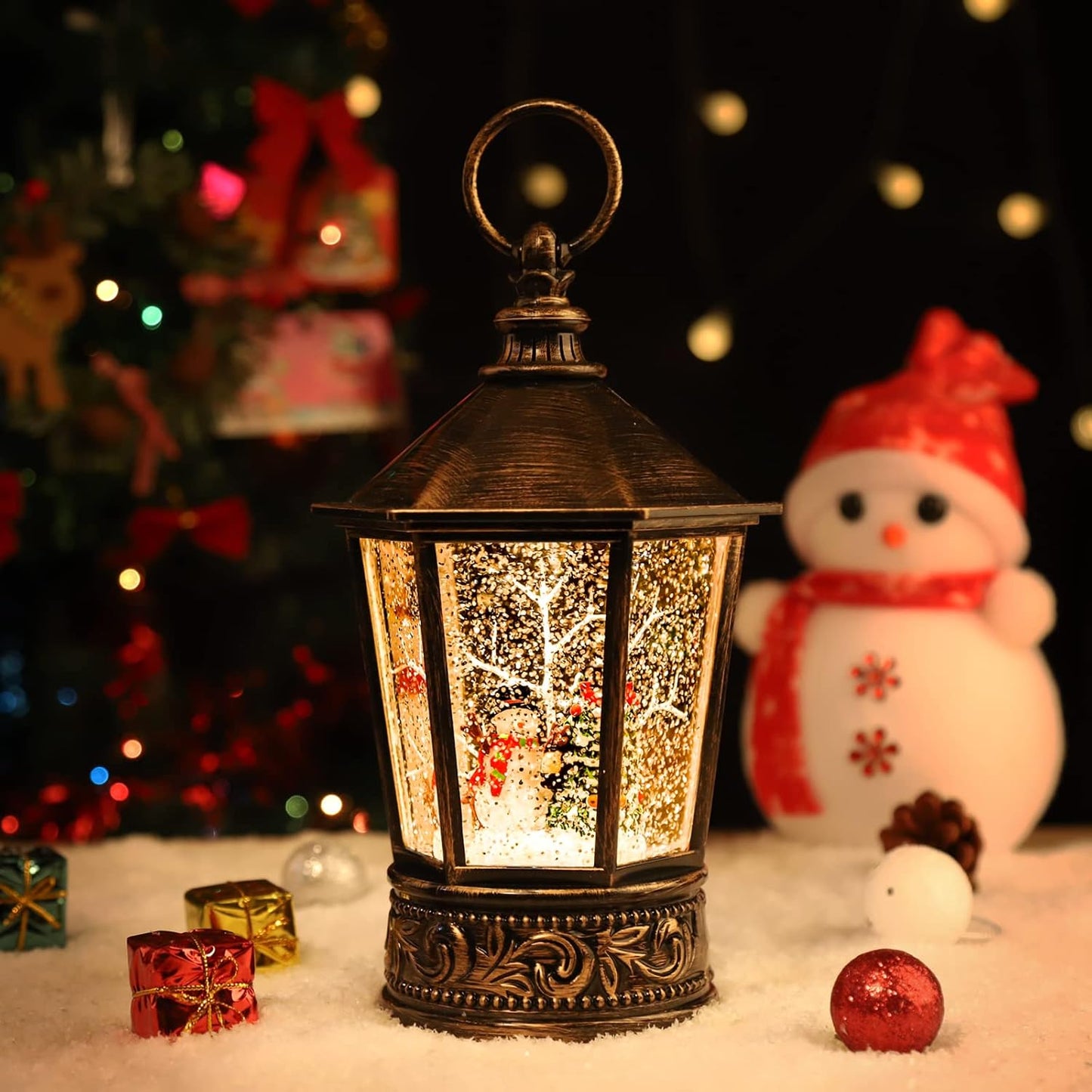 Christmas Snow Globe Lantern-Water Lantern with Music and Christmas Snowman-Usb or Battery-Powered Christmas Lanterns, Rotating Flashing Lanterns, Christma Decorations（Snowman）