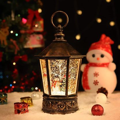 Christmas Snow Globe Lantern-Water Lantern with Music and Christmas Snowman-Usb or Battery-Powered Christmas Lanterns, Rotating Flashing Lanterns, Christma Decorations（Snowman）