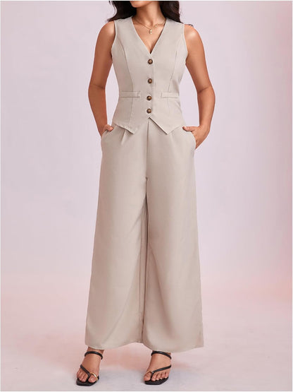 Women'S 2 Piece Outfit Sleeveless Button down Vest Blazer and Wide Leg Pants Suit Matching Set