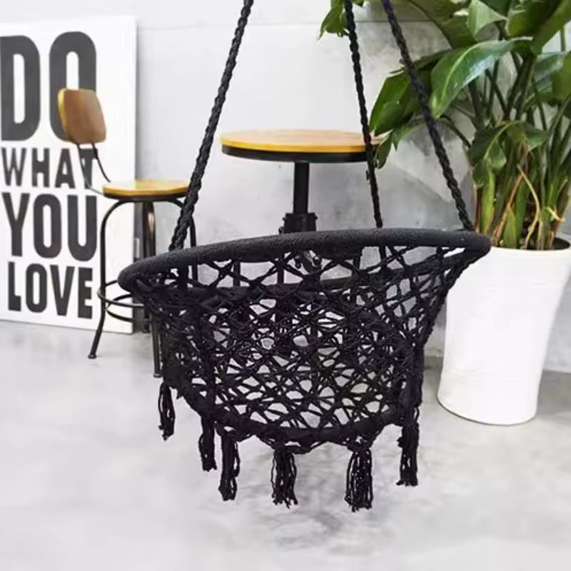 ‌Nordic Style Hanging Basket- Handmade Cotton Rope Swing Chair, Balcony Relaxation Cradle- Boho Indoor Fringe Hanging Chair