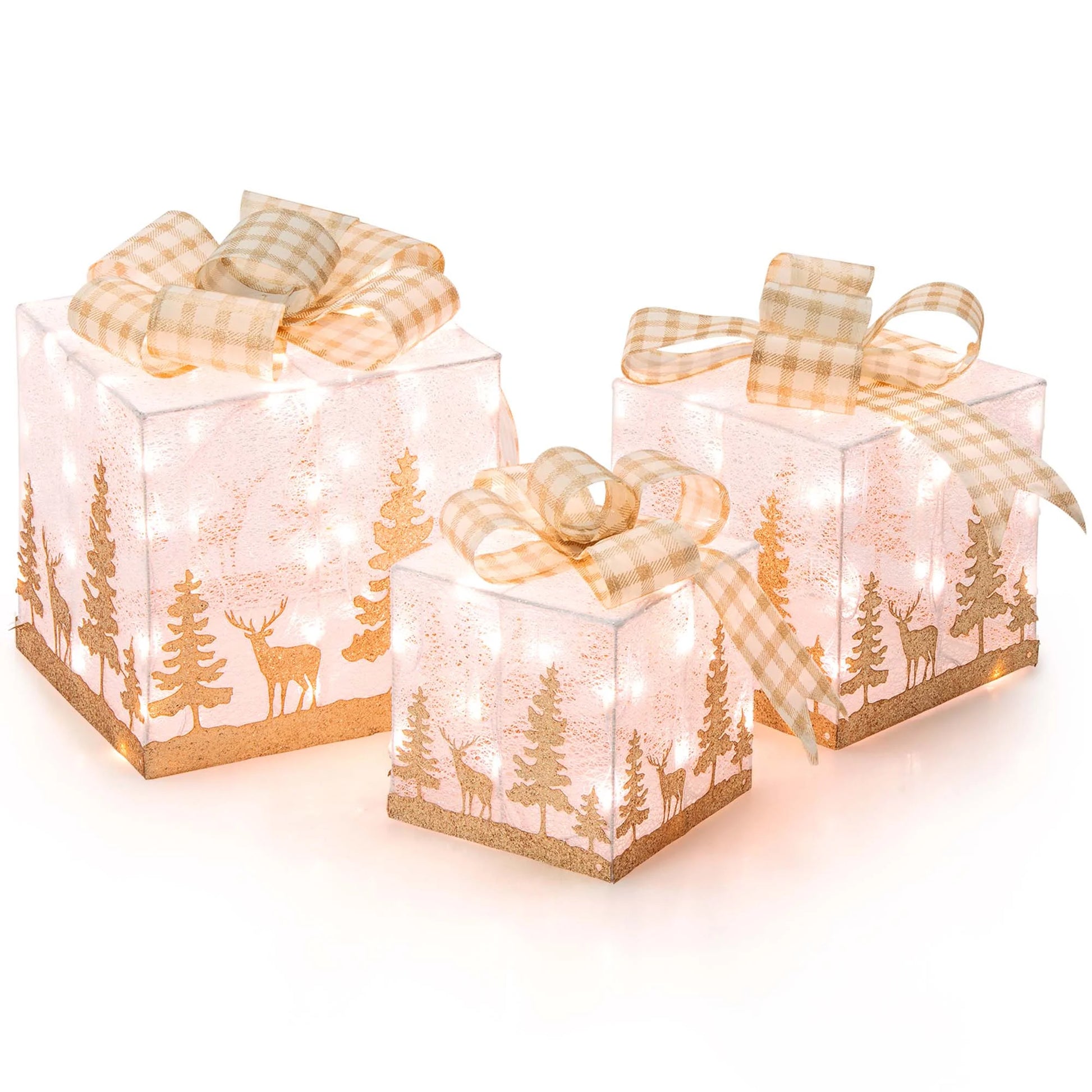 Set of 3 Pre-Lit Christmas Gift Boxes Lighted Present Decoration with 100 Lights