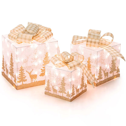 Set of 3 Pre-Lit Christmas Gift Boxes Lighted Present Decoration with 100 Lights