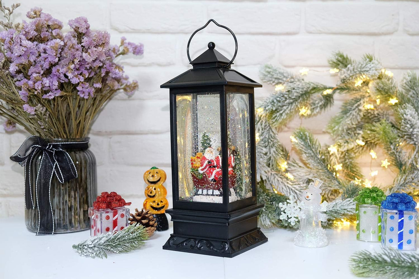 Lighted Musical Snow Globe Lantern with 6 Hour Timer, 12 Inches USB Powered & Battery Operated Spinning Water and Swirling Glitter Christmas Snow Globe Lantern Gifts(Santa Claus and Sleigh)