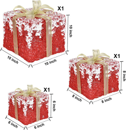 Set of 3 LED Gift Boxes Christmas Boxes with Bows, Xmas Present Gift Boxes for Indoor Outdoor Use Christmas Yard Room Tree Decoration