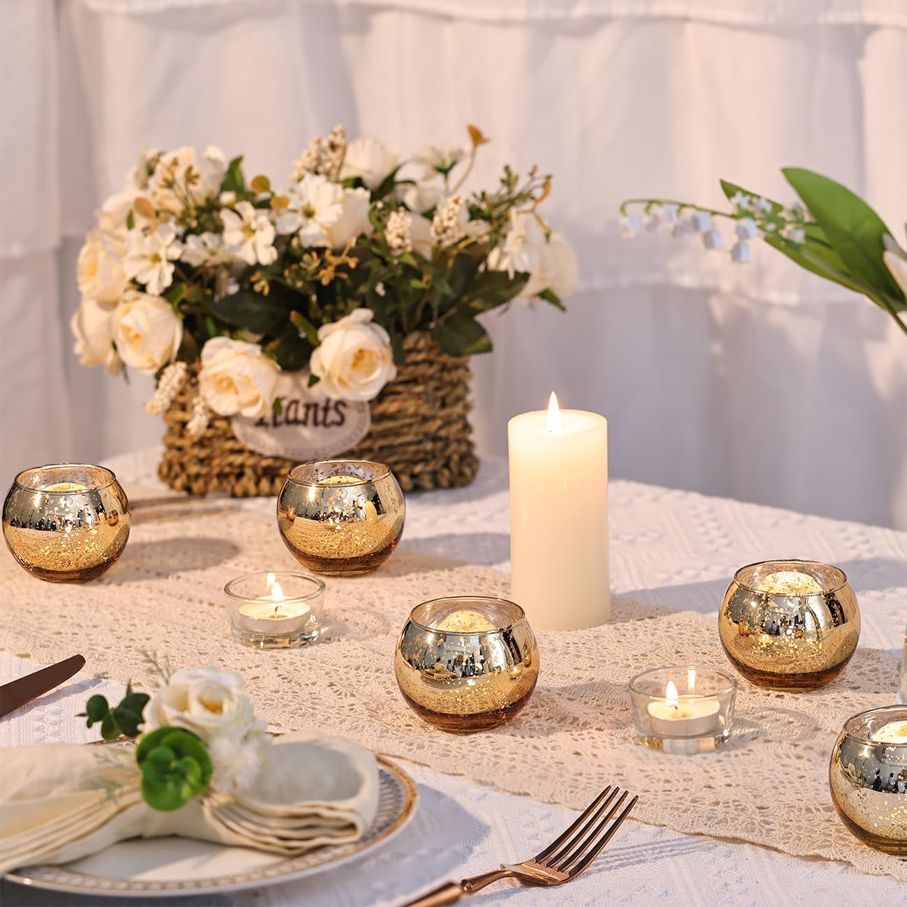 12 Pcs Gold Votive Candle Holders -Gold Mercury Glass Candle Holders, Diwali Decorations for Home, Wedding Centerpieces for Tables, Christmas Tea Light Holders