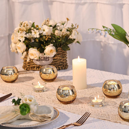 12 Pcs Gold Votive Candle Holders -Gold Mercury Glass Candle Holders, Diwali Decorations for Home, Wedding Centerpieces for Tables, Christmas Tea Light Holders