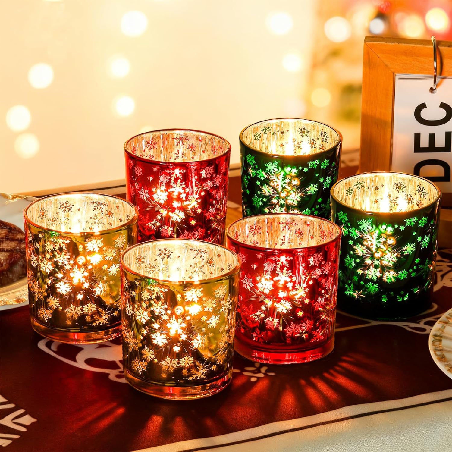 Christmas Candle Holder,Mercury Glass Tealight Votives Set of 6,Christmas Decorations Indoor,Snowflake Carving Tea Lights Centerpieces Table Decor