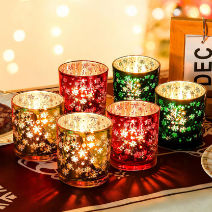 Christmas Candle Holder,Mercury Glass Tealight Votives Set of 6,Christmas Decorations Indoor,Snowflake Carving Tea Lights Centerpieces Table Decor