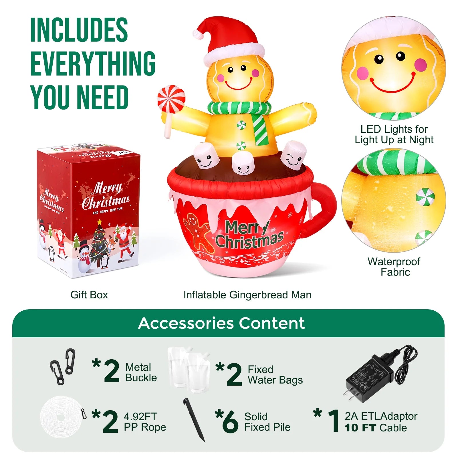 7FT Inflatables Christmas Outdoor Decoration Cup Gingerbread Man with LED, Outdoor Christmas Decoration