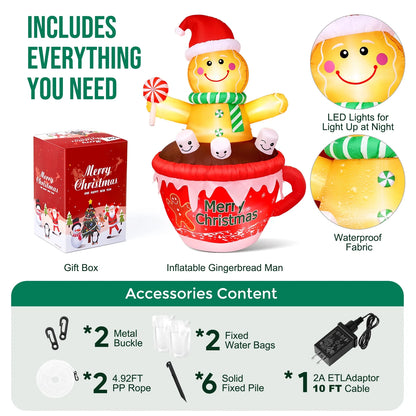 7FT Inflatables Christmas Outdoor Decoration Cup Gingerbread Man with LED, Outdoor Christmas Decoration