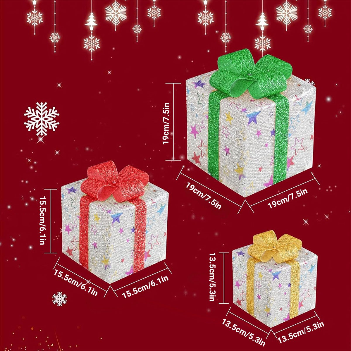 Set of 3 Christmas Lighted Gift Boxes, Pre-Lit 48 LED Light up Present Boxes Orn